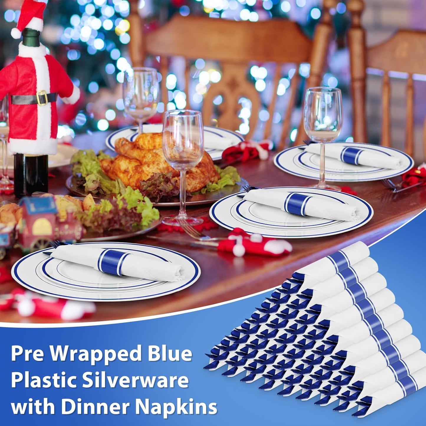 60Pack Blue Pre Rolled Plastic Silverware - Wrapped Blue Disposable Cutlery with Napkins, Heavy Duty Rolled Plastic Silverware Set, Disposable Utensils with Dinner Napkins for Party