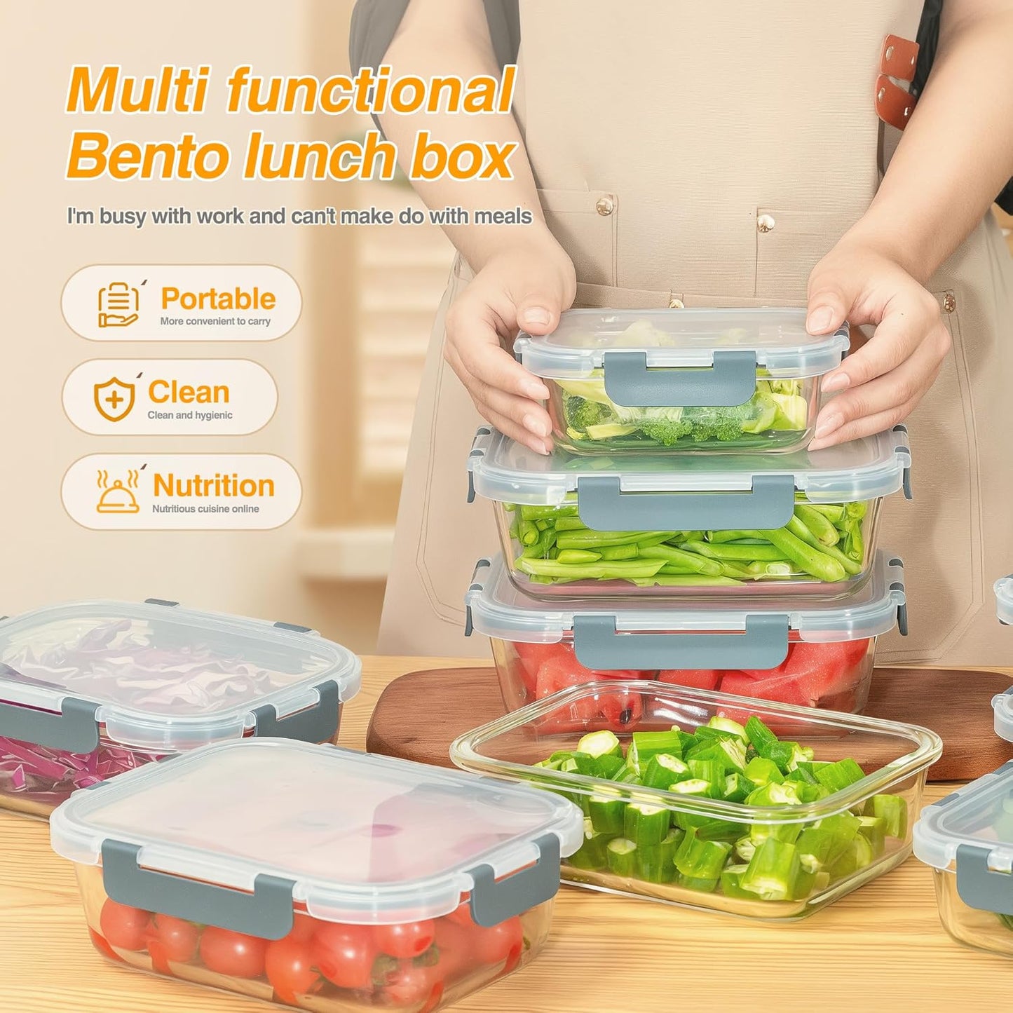 5 PACK 36 oz Glass Meal Prep Containers, Glass Food Containers with Snap-Lock Lids, Airtight Lunch Containers, Microwave, Oven, Refrigerator and Dishwasher Safe,Gray