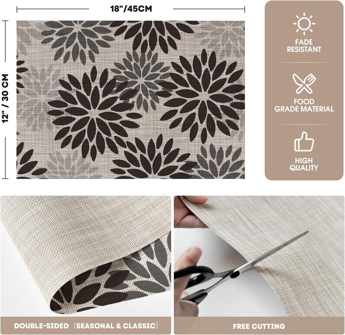 Artoid Mode Floral Vinyl Placemats Set of 6, Heat Resistant Washable Non-Slip Plistic PVC Place Mats for Party Kitchen Dining Decor, Black