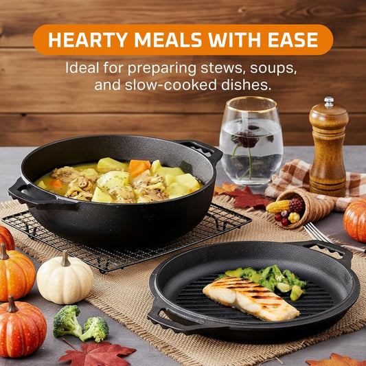 Bruntmor 2-in-1 Pre-Seasoned Cast Iron Dutch Oven with Dual Handles, Cocotte Double Braiser Pan with Grill Lid 3.3 Quarts - BBQ Grill, Fryer - Outdoor Cookware Set with Dual Handles, Camping,- Black