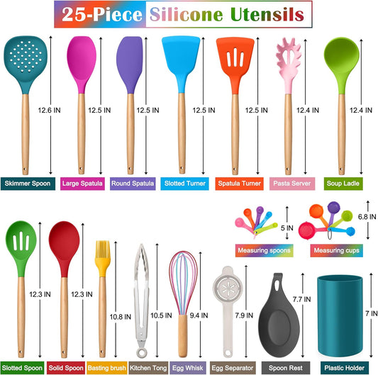 E-far Colorful Silicone Kitchen Utensils Set with Holder, 25-Piece Cooking Utensil Set with Wooden Handle for Nonstick Cookware, 446°F Heat Resistant Kitchen Tool Spatulas, Non-toxic & Healthy