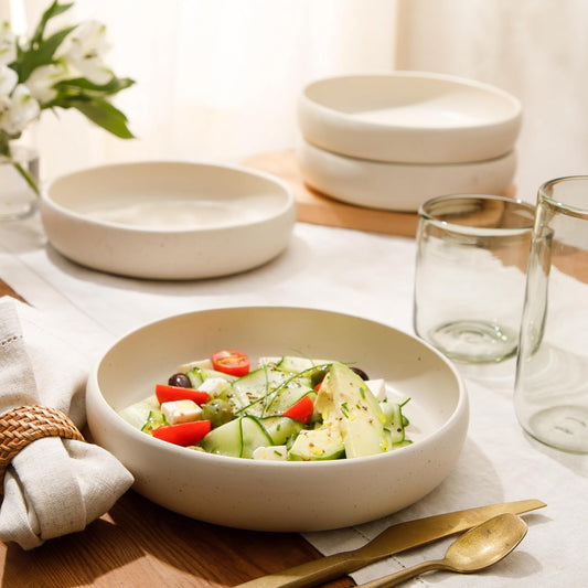 Bloomhouse Corsica Clay 4 Piece 9 Inch Meal, Serving, Dinner, Pasta Bowl Blate Set - Sea Salt White