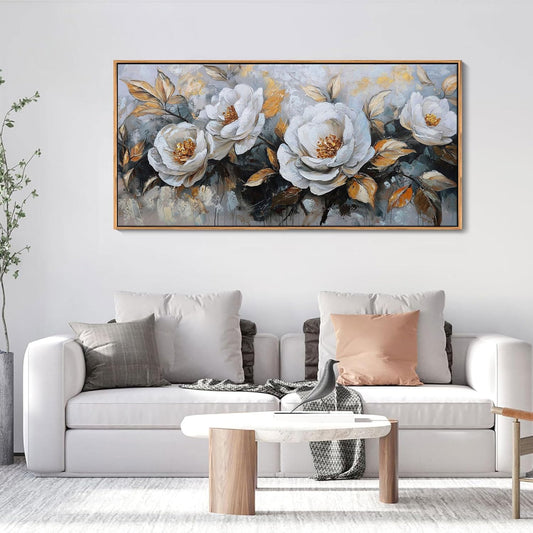 HKDGOKA Large Vintage Canvas Wall Art, White Gold Peony Flowers Paintings Abstract Floral Golden leaves Framed Artwork Picture for Living Room Bedroom Kitchen Home Office Decor 24x48 IN