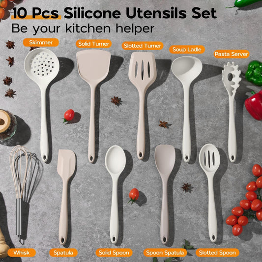 Onader Kitchen Cooking Utensils Set, 10 Pcs Silicone Non Toxic Cooking Utensils Set, Heat Resistant & Nonstick Cookware Friendly - 2 Mixed Color (Khaki & White)