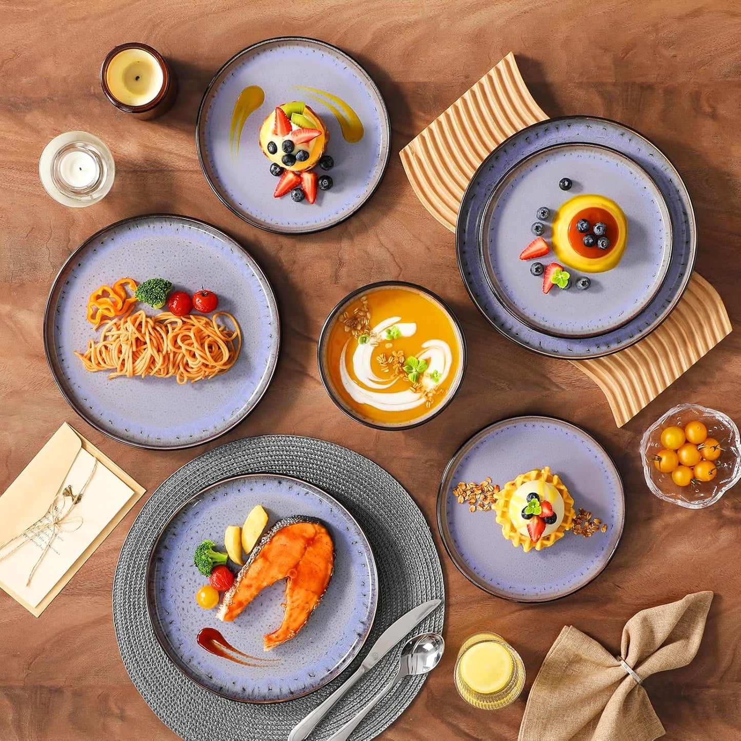 vancasso Plates and Bowls Sets, 24 Pieces Stoneware Dinnerware Sets for 8, Kitchen Dish Set Mircowave and Dishwasher Safe Dinner Set Ceramic Dishware, Light Purple, Series AMBER