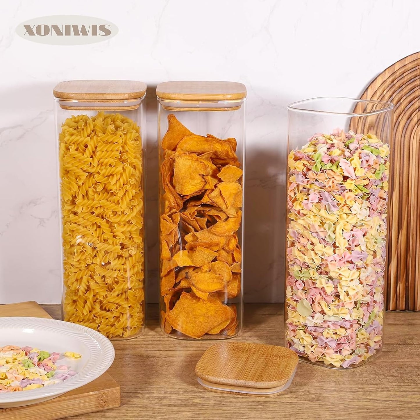 73oz 3PCS Sqaure Spaghetti Pasta Storage Containers with Lids, Pantry Containers Tall Glass Tight Food Storage Jars with Lids for Penne, Macaroni, Lasagna, Fusilli, Cereal, Flour, Sugar, Oats