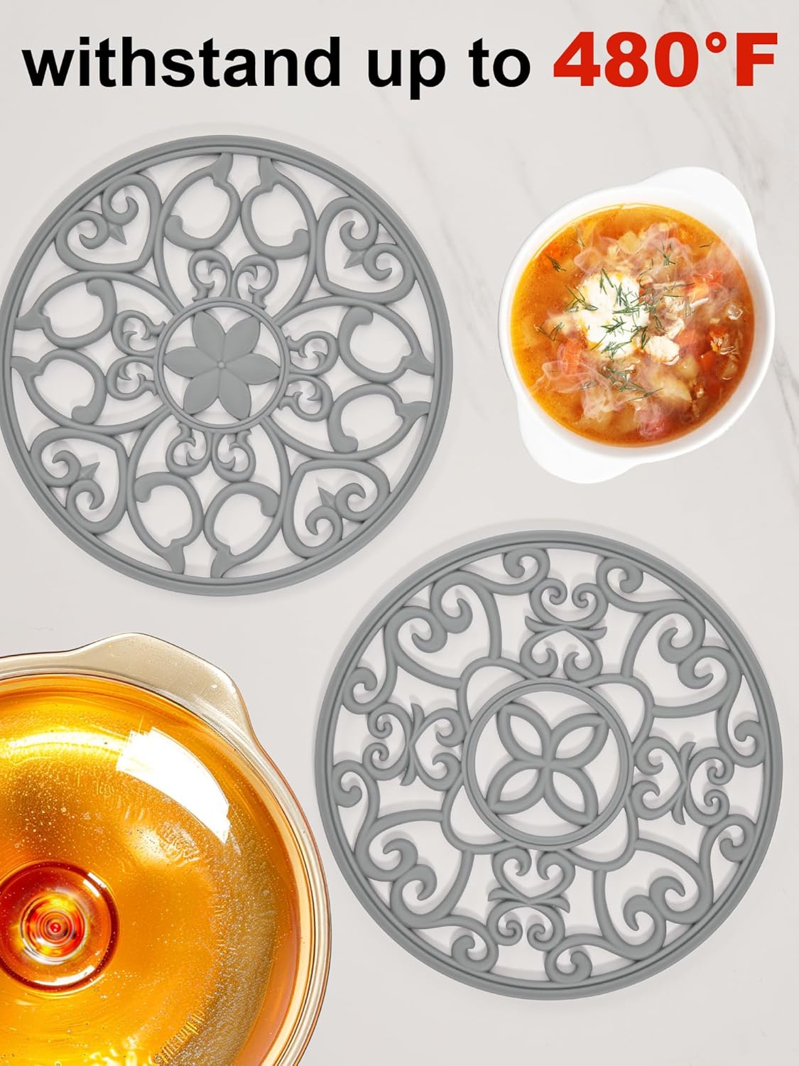 SMARTAKE 3 Set Silicone Trivet Mats, Multi-Use Carved Trivet Mat, Insulated Non-Slip Durable Kitchen Mats, Flexible Modern Kitchen Table Mat, for Hot Dishes, Pots, Dining Countertop, Grey, STM413H