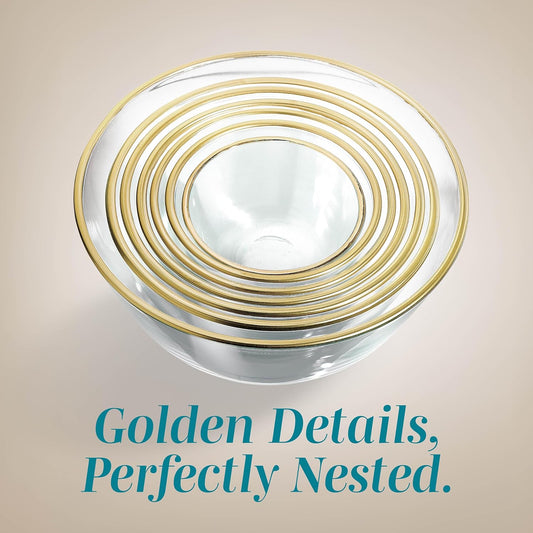 COOK WITH COLOR 12 Pc Glass Mixing Bowl Set with Lids – Borosilicate Glass Nesting Bowls for Cooking, Baking and Meal Prep, Gold Rim