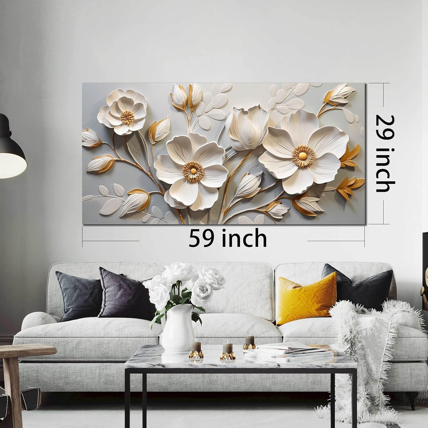 AOZEMI Floral Wall Decorations White Pictures Botanical Flower Canvas Gold Wall Art 29x59 Modern Big Artwork for Living Room Bedroom Office