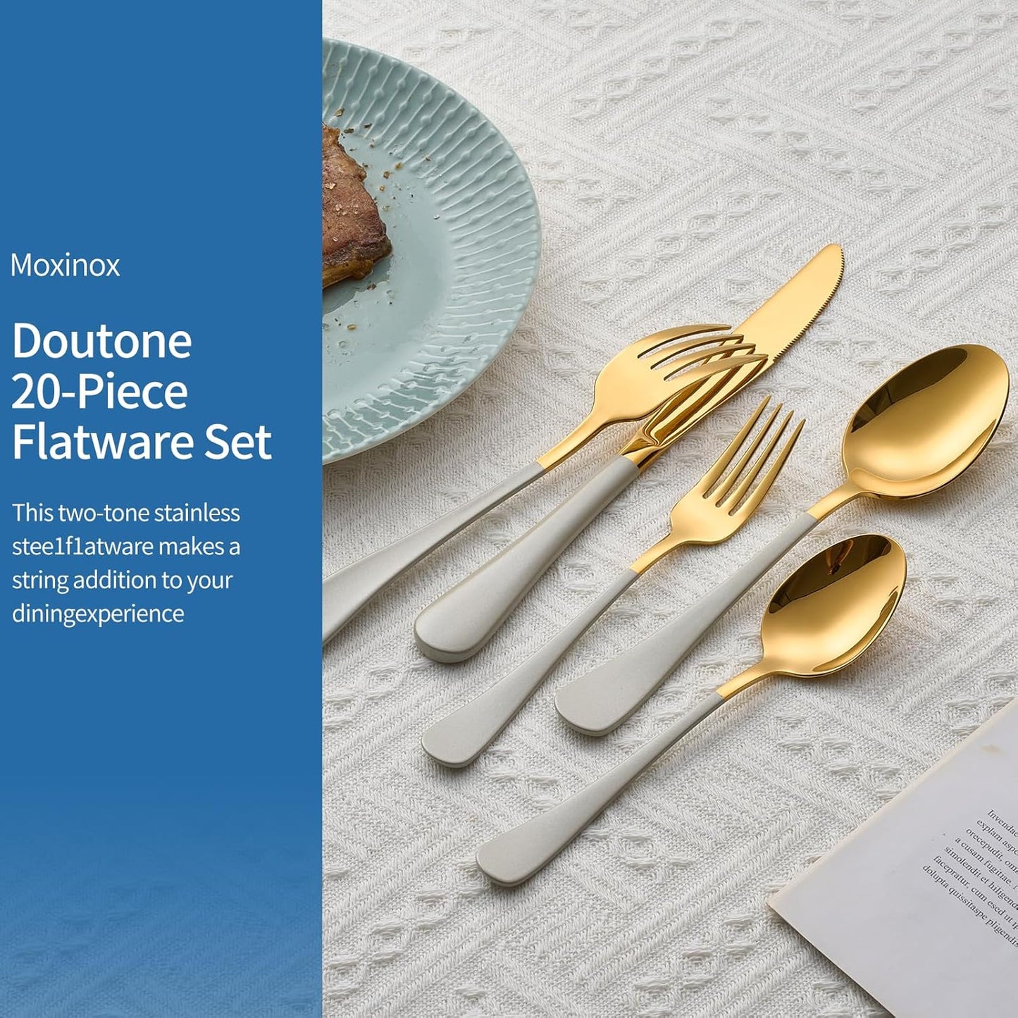 20-Piece Off white & Gold Silverware Set, 18/0 Stainless Steel Colorful Handle Flatware Set,Service for 4,Modern Cutlery Set Includes Dinner Knives Forks Spoons,Mirror Polished,Dishwasher Safe