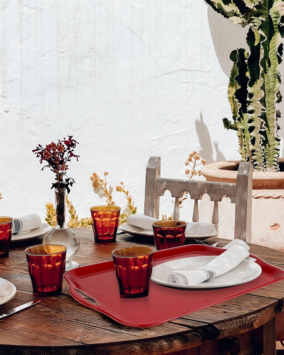 17.5 x 12’’ Large Melamine Serving Tray with Handles, Set of 2 Rectangular Melamine Serving Platters, Dishwasher Safe Trays for Eating, Appetizer, Charcuterie, Snack, Fruits, Desserts, Red