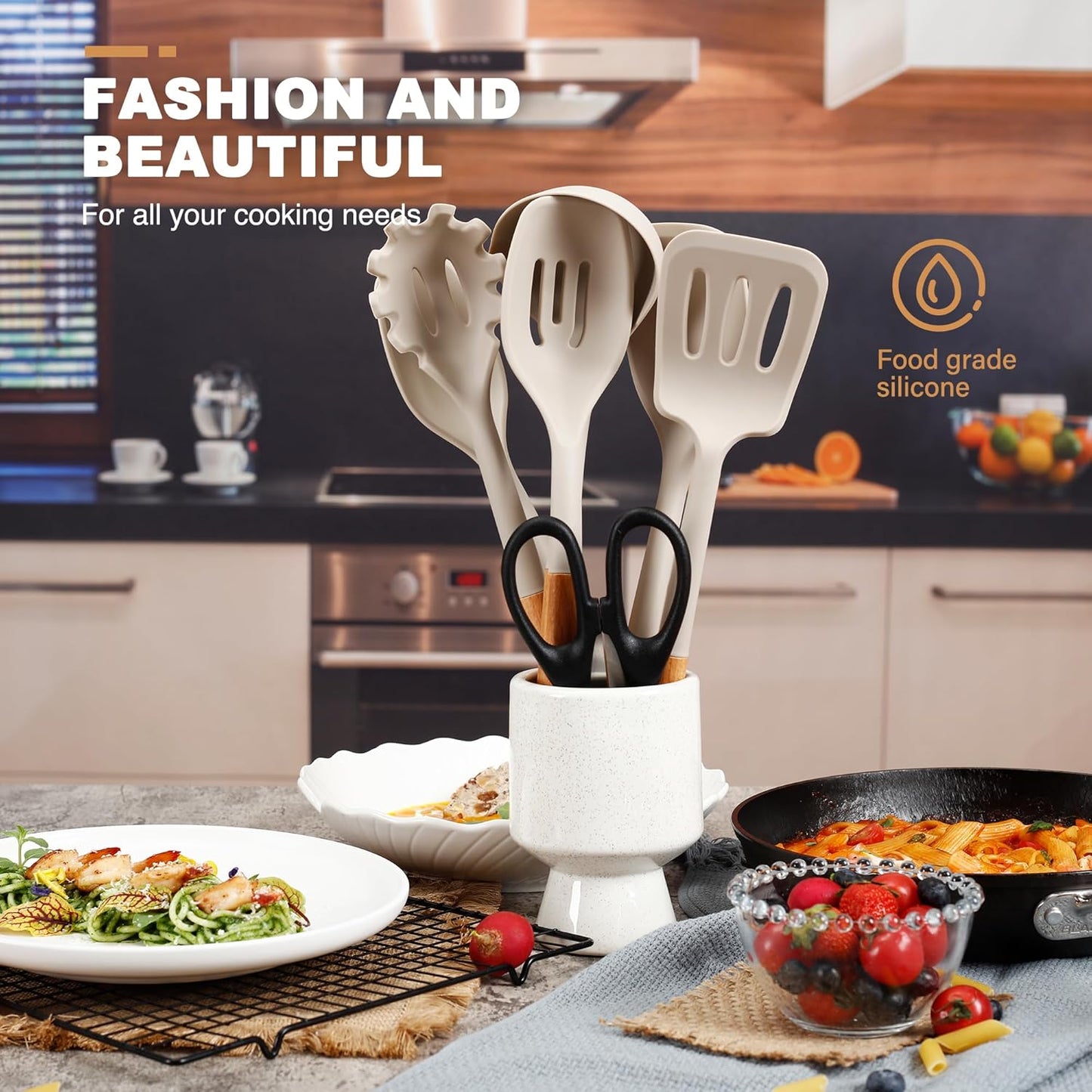 QMVESS Silicone Cooking Utensils Set, Kitchen Utensils Set 7 Pcs with Long Wooden Handle, Food Grade and Heat Resistant Large Silicone Spatula Set for Nonstick Cookware, BPA Free(Khaki)