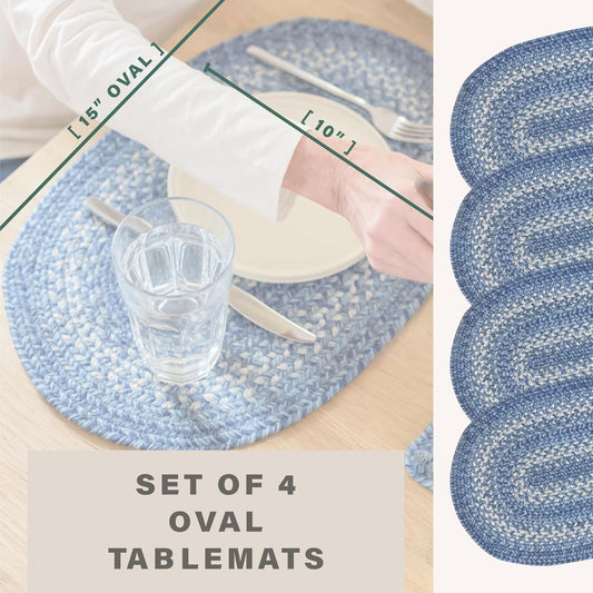 Homespice Denim Premium Jute Braided Placemat Set of 4 Oval 10x15 Blue, Navy, White Reversible, Natural Jute Yarn Rustic, Country, Primitive, Farmhouse Style