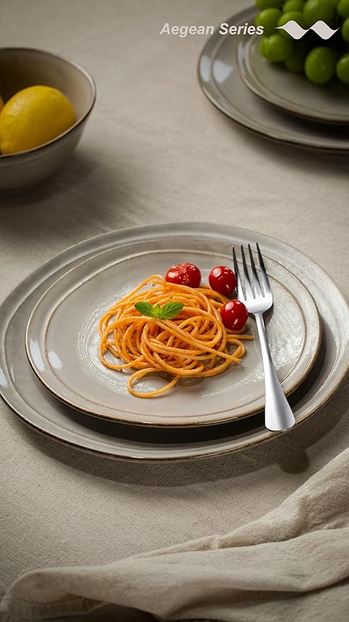 Famiware Aegean Dinnerware Set for 4, Plates and Bowls Sets, 12-Piece Stoneware Scratch Resistant Dinner Set, Handmade Irregular Round Dishes, Microwave and Dishwasher Safe, Sand Beige