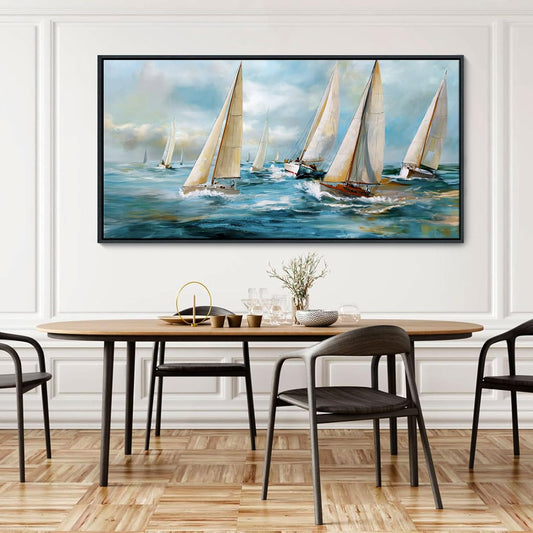 YDYSUNE Sailboat Wall Art - Blue Canvas Abstract Painting Textured Picture Artwork Vintage Nautical Large Painting Coastal Modern Print Frame for Living Room Bedroom Home 29x58inch