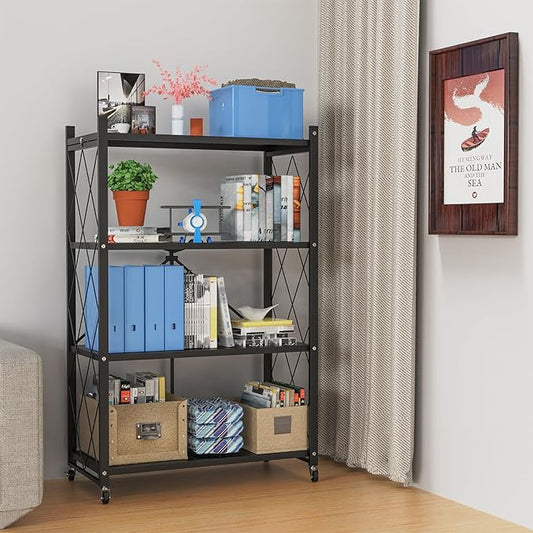 Lifetime Home 4-Tier Foldable Storage Shelf with Wheels - Metal Rack Collapsible Shelving Unit Display, Rolling Cart for Books Kitchen Storage Shelves, Pantry & Closet Organizer, Office Room Decor