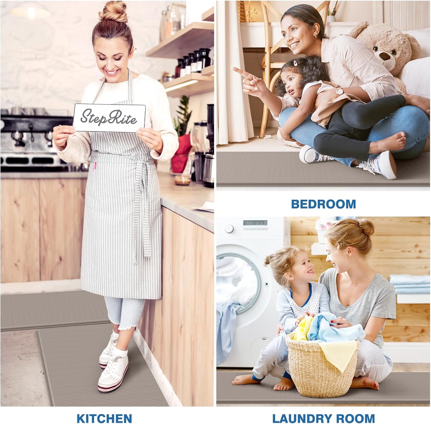 StepRite Kitchen Mats, 2PCS Kitchen Rugs, Cushioned Anti Fatigue Kitchen Mats for Floor, Non-Slip Standing Desk Mat, Waterproof Kitchen Rug Set for Kitchen, Floor, Office, 17.3"x30"+17.3"x47", Khaki