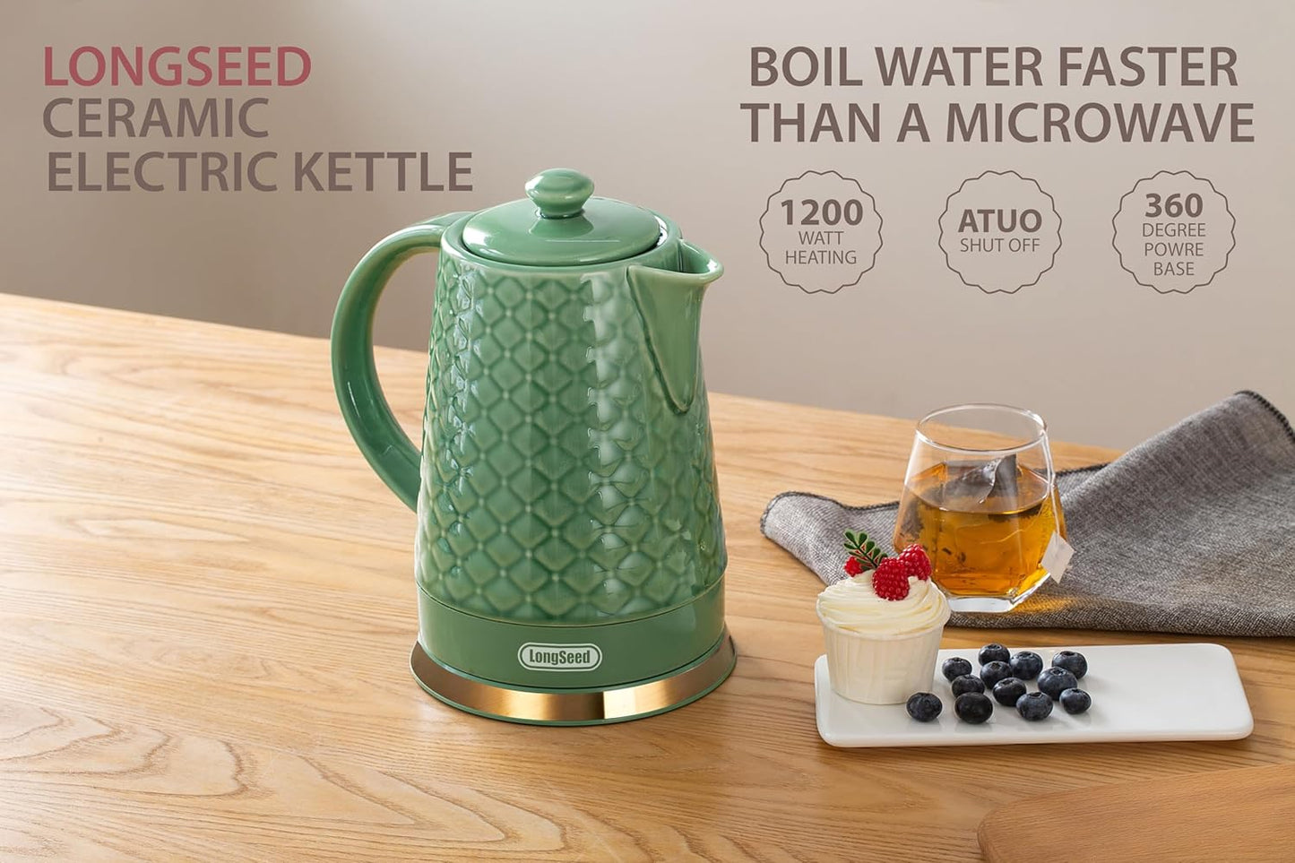 Ceramic Electric Kettle, 1.5L/1200W Boil Water Quickly and Easily with Boil-Dry Protection Auto Shut Off, Detachable Swivel Base, Green Relief Carving
