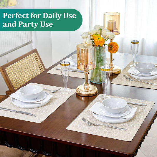 FOCUSLINE Faux Leather Placemats Set of 6, Beige Table Place Mats, Waterproof and Non-Slip Dining Table Mats for Indoor & Outdoor Use