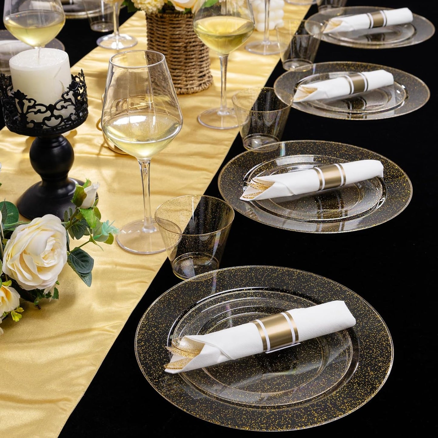 DaYammi 210PCS Gold Glitter Plastic Dinnerware Set for 30 Guests, Fancy Disposable Plates for Party, Include: 30 Dinner Plates, 30 Dessert Plates, 30 Pre Rolled Napkins with Gold Silverware, 30 Cups