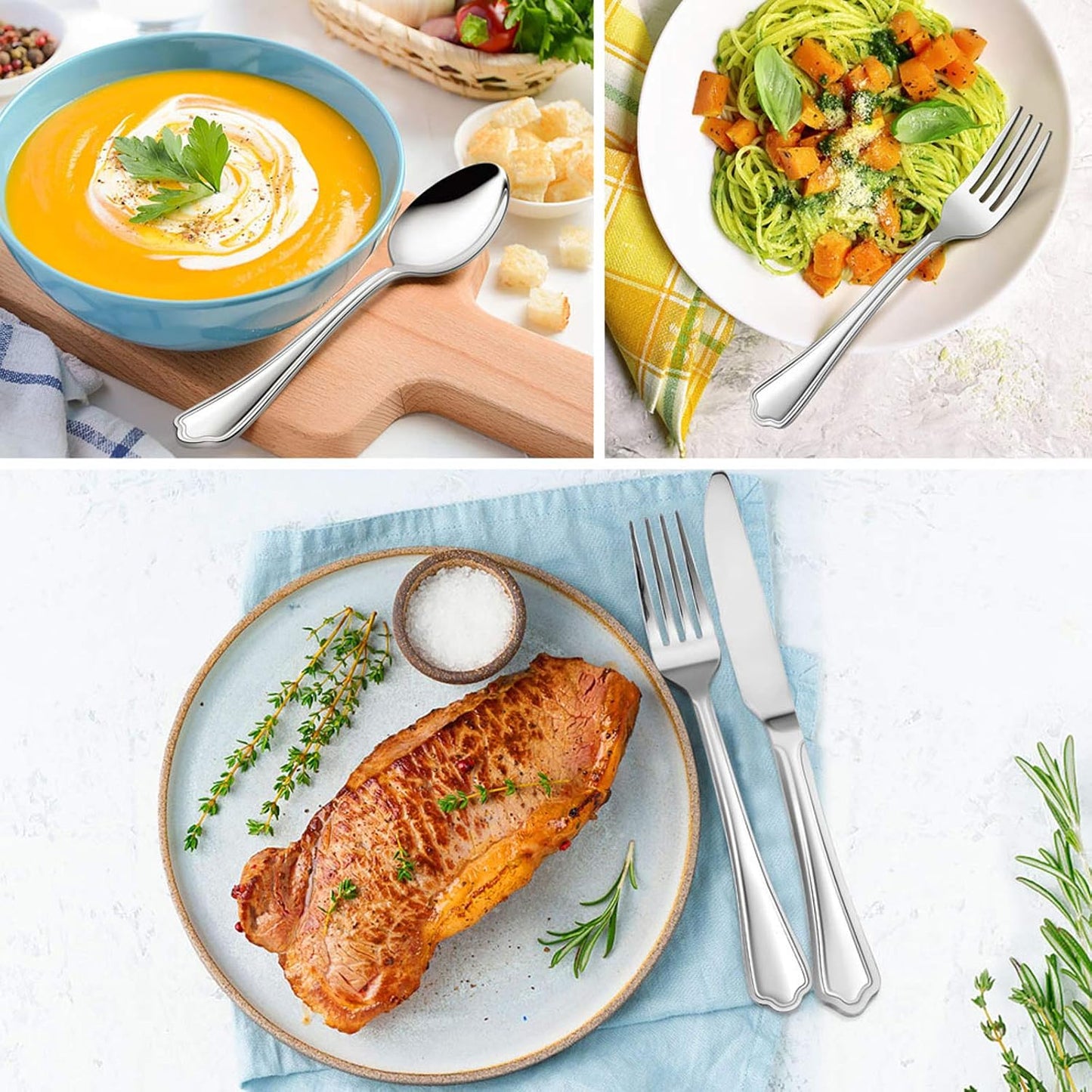 60-Piece Silverware Set, E-far Stainless Steel Flatware Cutlery Set Service for 12, Metal Tableware Eating Utensil Set, Dinner Knives/Forks/Spoons, Scalloped Edge & Mirror Polished - Dishwasher Safe