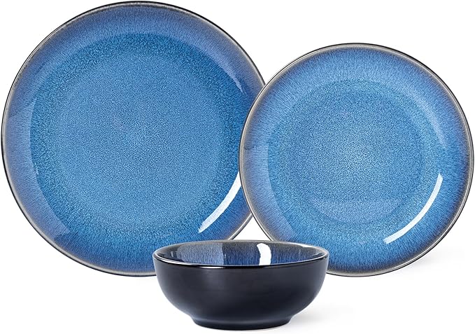 Plates and Bowls Sets for 4 - CJDC-QUELO 12-Piece Stoneware Dinnerware Sets, Ceramic Dishware Set for Kitchen Use and Formal Dining, Chip and Scratch Resistant Microwave Dishwasher Safe, Blue
