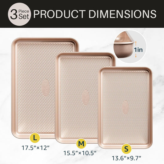 3Pcs Baking Sheet Pan Set, Large Nonstick Cookie Sheets Set, Jelly Roll Pans, Heavy Duty Carbon Steel Cookies Sheet for Oven, Diamond Texture, Gold