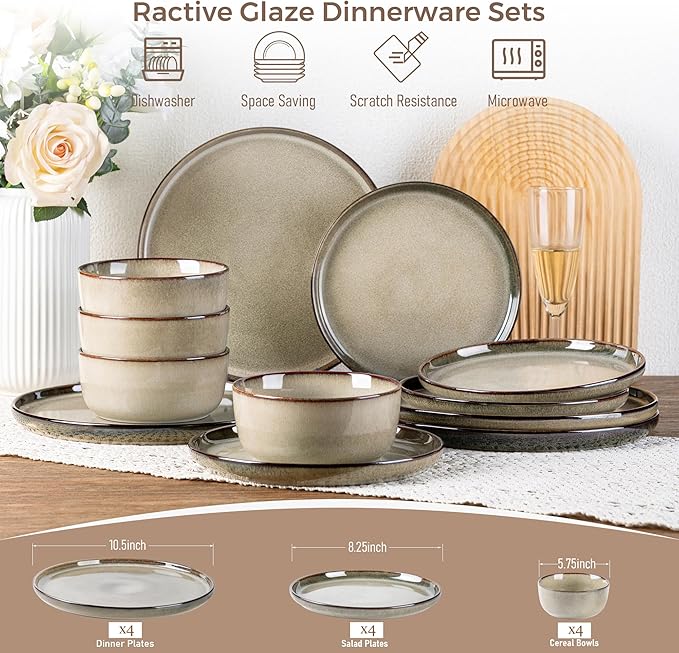 GBHOME Ceramic Dinnerware Sets for 4, 12 Pieces Stoneware Plates and Bowls Sets, Scratch Resistant Dishes, Dishwasher & Microwave Safe, Reactive Glaze