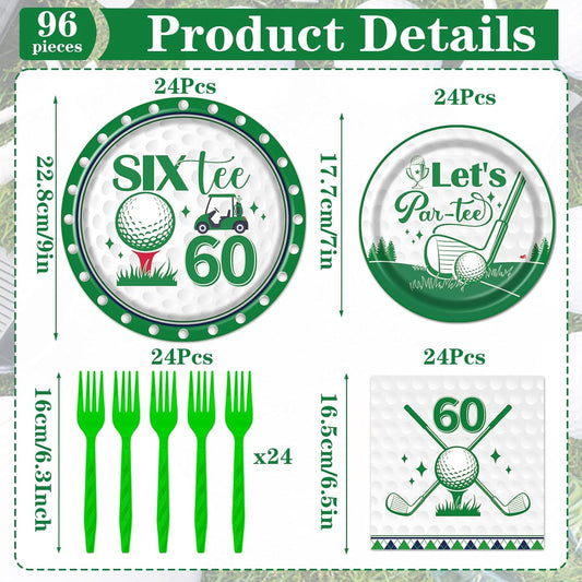 Rakuto Golf 60th Birthday Tableware Decorations for Men, Golf Theme Sixtee Birthday Party Plates Napkins and Forks, Disposable Paper Plates Supplies Decor Serves 24