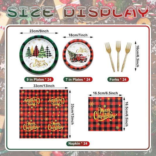 96 Pieces Merry Christmas Disposable Tableware Set - Red and Green Buffalo Plaid Christmas Party Supplies with Paper Plates, Napkins, Forks for Holiday Celebrations, Winter Favors, and Rustic Decor