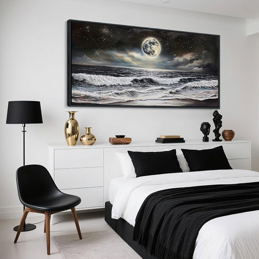 QZQCBLC Large Wall Art Bedroom, Black and White Sea Beach Canvas Wall Pictures, Waves Moon Starry Clouds Coast Paintings Artwork for Living room Home Office Artwork Framed Decor 29x58 IN