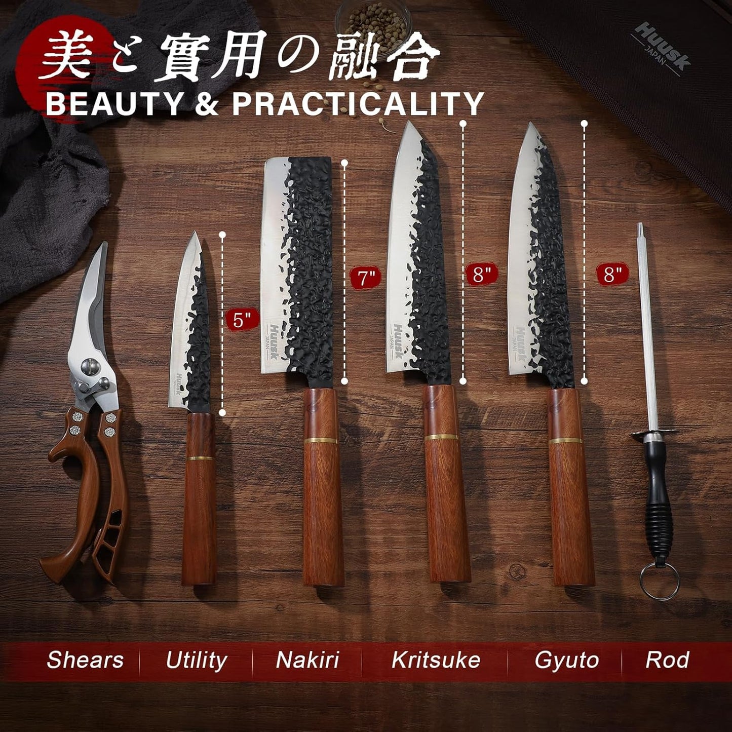 Huusk Japanese Knife Set 6pcs with Covers - Professional Chef Knife Set with Bag & Sharpener, High Carbon Steel Forged Knives Sets with Scissors, Japanese Kitchen Knives Sets, Gift for Men Women