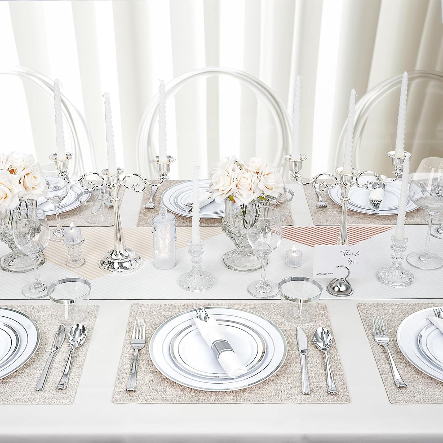 350 PCS White and Silver Plastic Dinnerware Set for 50 Guests, 100 Disposable Plates for Party, 50 Pre Rolled Napkins with Silver Silverware, 50 Cups