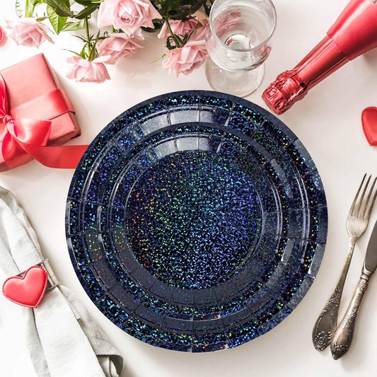 50 Pcs Iridescent Black Paper Plates 25 × 7'' and 25 × 9'' Disposable Black Shiny Holographic Foil Dinner Plates for Wedding Baby Shower Birthday Halloween Party Glitter Dessert Plate