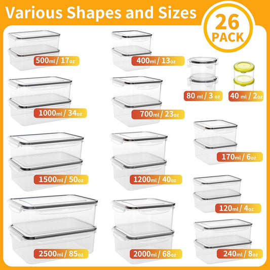 52 PCS Large Food Storage Containers with Lids Airtight, BPA-Free Leakproof Plastic Meal Prep Containers Reusable,Microwave & Dishwasher & Freezer Safe,Includes Labels & Pen
