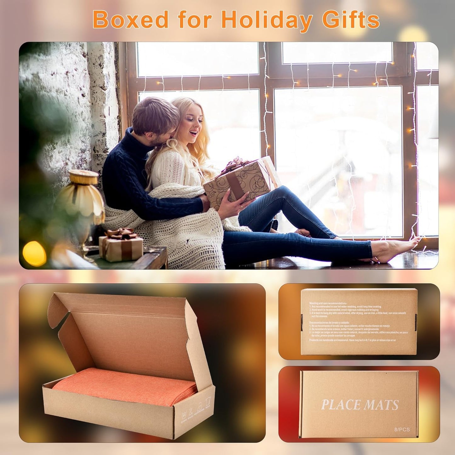 SLKQG Thanksgiving Linen-Look Fabric Placemats Set of 4 - Heat Resistant & Machine Washable Table Mats for Holiday Dining, Double-Layered Placemats for Family Gatherings (4, Orange)