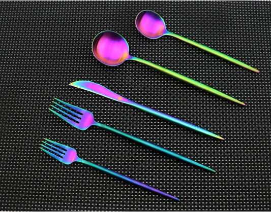 Iridescent Rainbow Multicolor Flatware 10 Pieces Tableware Set Cutlery Set Dinnerware Anti-rust Utensil Set,Salad Spoons Knives and Dessert Forks, Service for 2