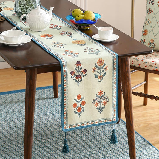 ISAENNE Designer Light Green Linen Table Runner 71 Inches Long,French Floral Patterns Elegant Table Runner for Dining Tables,Thanksgiving,Kitchen Tables,Christmas,12"*71"-Floralsea B