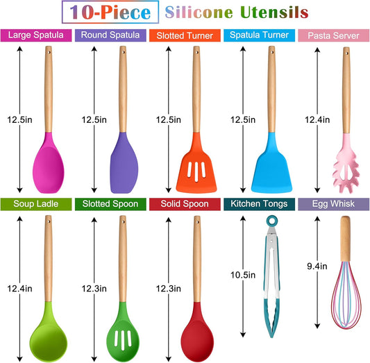 E-far Silicone Cooking Utensils Set, 10-Piece Kitchen Utensils Set with Wooden Handle for Nonstick Cookware, Heat Resistant Kitchen Nonstick Tools Spatula Whisk Ladle, Non-toxic & Healthy - Colorful