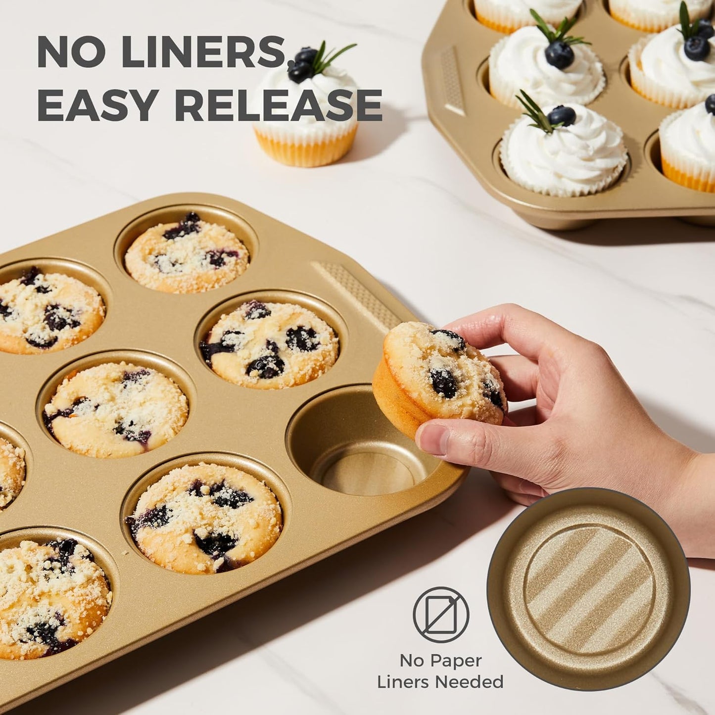 HONGBAKE 9-Piece Baking Pans Set with Wave Texture, 0.8mm Thick Bakeware Sets Non Stick, Includes Stackable Cookie Sheets for Oven Cooking, Cake Pan, Muffin Pan, Loaf Pan, Roasting Pan, Rack, Gold