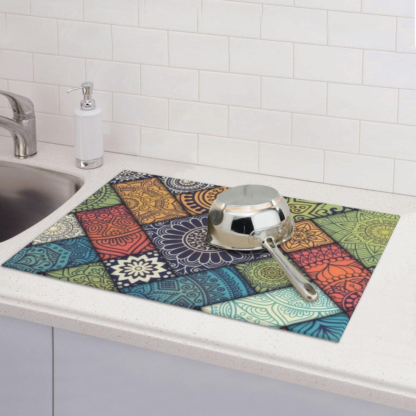 Retro Boho Dish Drying Mat 18x24 Inch, Microfiber Absorbent Fast Dry Mat Mandala Large Dish Mat Drying Kitchen Mat, Kitchen Drying Pad for Kitchen Counter Coffee Bar Decor Gifts