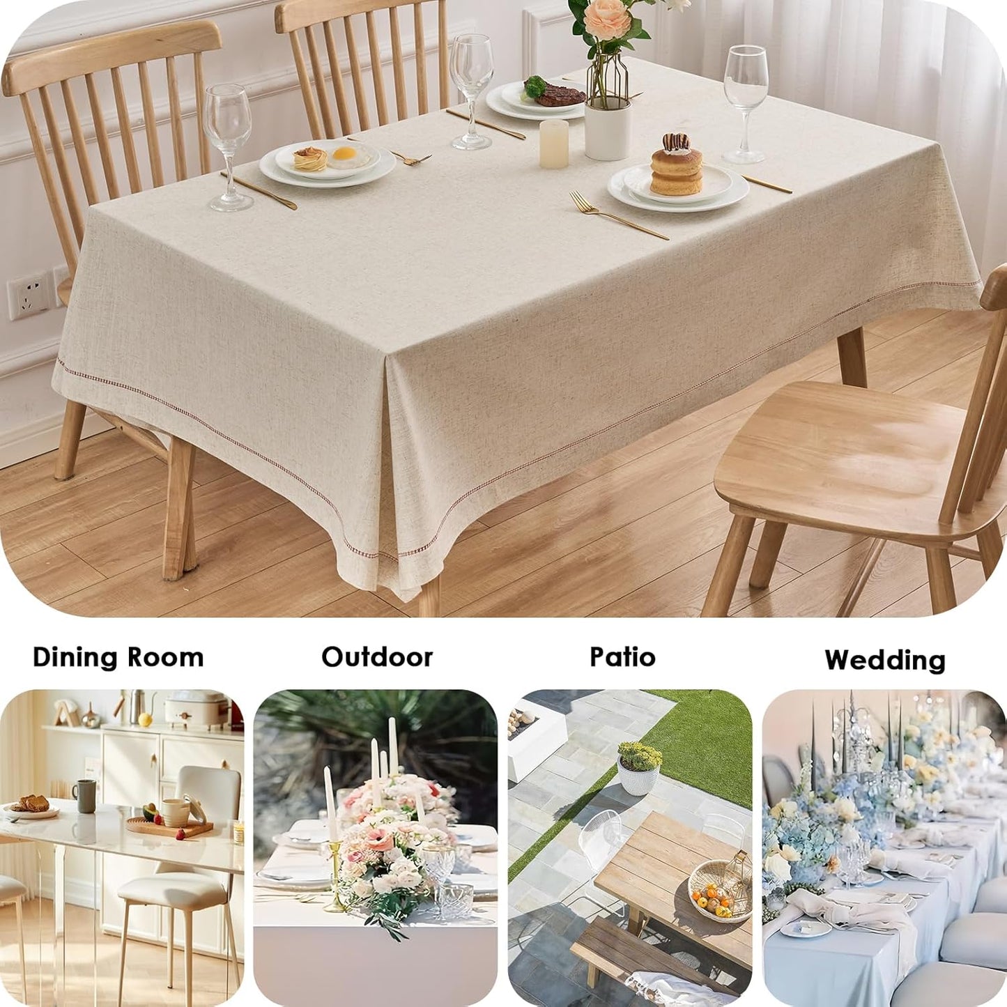 Zdolmy Natural Flax Linen Tablecloth – Undyed Rectangle Hemstitch Table Cover for Kitchen, Dining & Decoration (Red Drawn Silk Thread, 55" x 102")