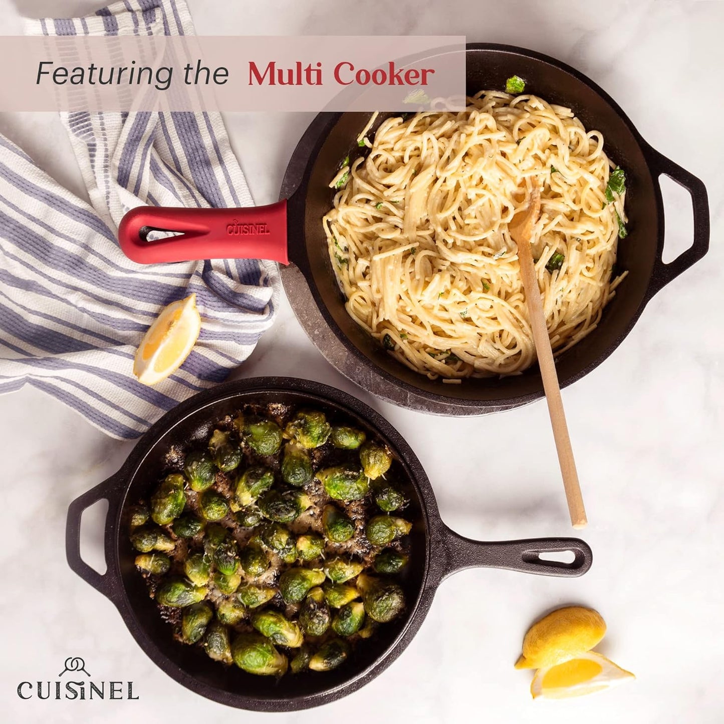 Cuisinel Cast Iron 23-Pc Cookware Set - 8" Skillet + Cast Iron Lid + 12"+Lid + 10" Braiser with Lid + Grill Pan + Lid + Griddle + 5-Qt Dutch Oven + Multi-Cooker + 12"+15" Pan Rack + Scraper + Handles