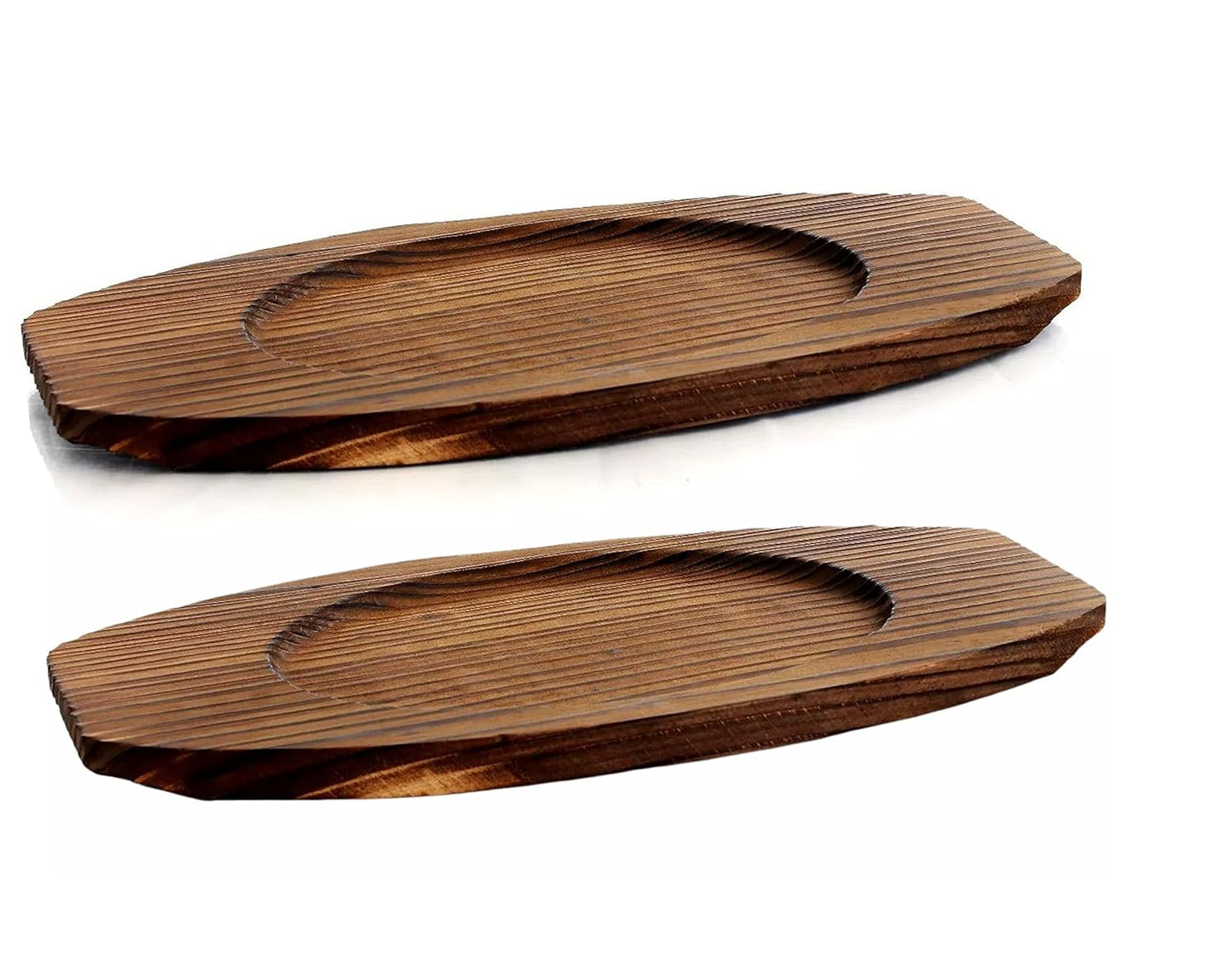 Bruntmor Mini Cast Iron Sizzler Plates Skillet Set Of 4. Oval Fajita Plate With Wooden Base/Pan Tray Serving Sizzling Dish And Fajitas, Hot Steak Skillet Dish Without Sinking (2 Sets)