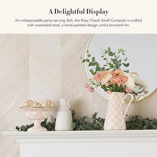 MACKENZIE-CHILDS Enamel Compote, Cute Enamel Pedestal Serving Dish or Decorative Bowl, Small, Pink-and-White Rosy Check