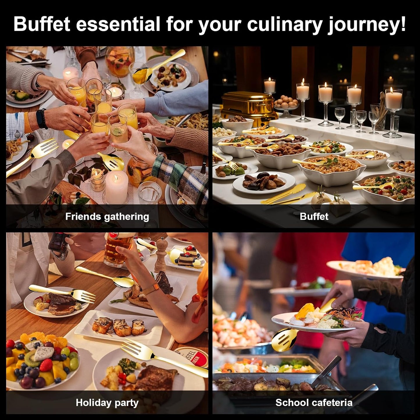 14PCS Serving Utensils - Hostess Serving Utensils Set, Premium Stainless Steel 8.7 inch Serving Utensils, Slotted Spoons, Fork, Tongs, Cake Pie Server for Buffet, Wedding, Dinner (Gold)