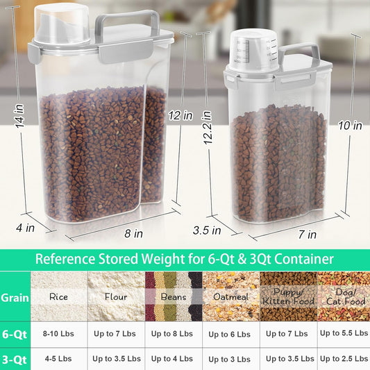 TBMax Rice Container 2 Pack, Airtight Cereal Container Oatmeal Storage with Easy-pouring Spout & Handy Cup for Flour Grain Beans, Pet Dog Cat Bird Food Storage Dispenser-Light Grey
