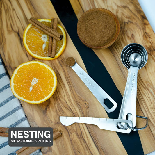 BALCI - 6 Measuring Spoons, Heavy Duty 18/8 Premium Stainless Steel Measuring Spoons Set, Spoons with US and Metric Measurements, Set of 6 + Leveler, Measuring tools for Dry and Liquid Ingredients