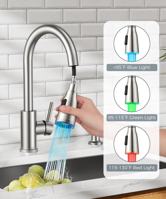 FORIOUS LED Kitchen Faucet with Soap Dispenser and Pull Down Sprayer, Brushed Nickel High Arc Single Handle 3 Modes Stainless Steel Bar Faucet for Kitchen Sink Wet Laundry Camper