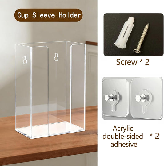 Coffee Cup Sleeve Organizer Rack-Acrylic Coffee Collar Holder Storage for Disposable Kraft Paper Cup Sleeves,Coffee Shop/Home/Kitchen Organization,Countertop or Wall Mount(Clear)